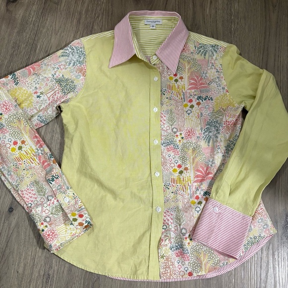 FlatIron Workshop Button-Up Top Sz 3 Long Sleeve Green Pink Trees Stripe Preppy - Picture 8 of 14